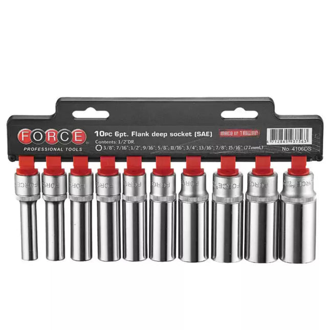 1/2" Doppenset lang 12-kant SAE 10 delig. Force 4106DS-9