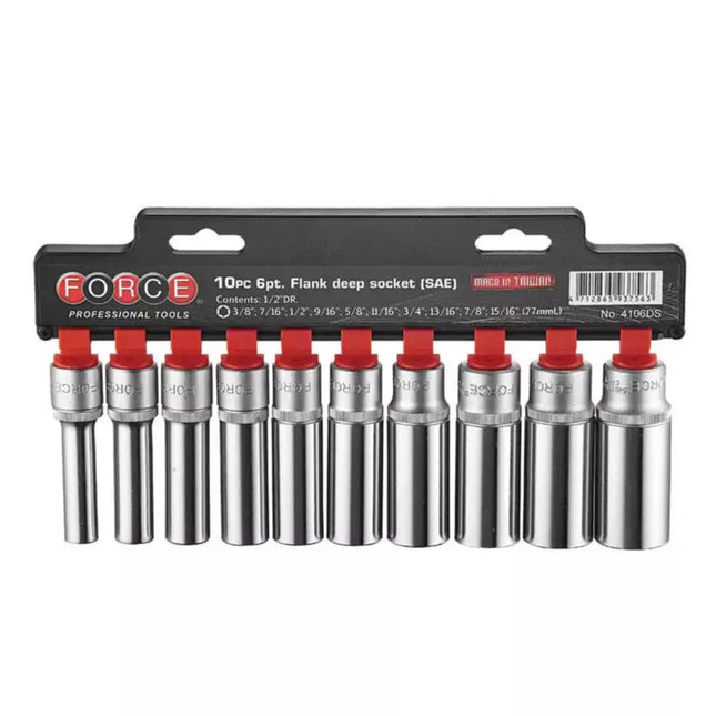 1/2" Doppenset lang 6-kant SAE 10 delig. Force 4106DS