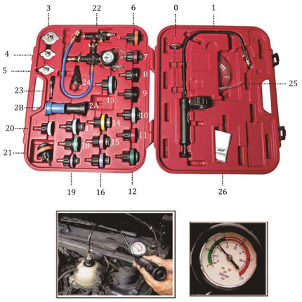 JTC 4842A Radiateur Druktestset 28-delig - Koelsysteem Tester met Manometer en Adapters